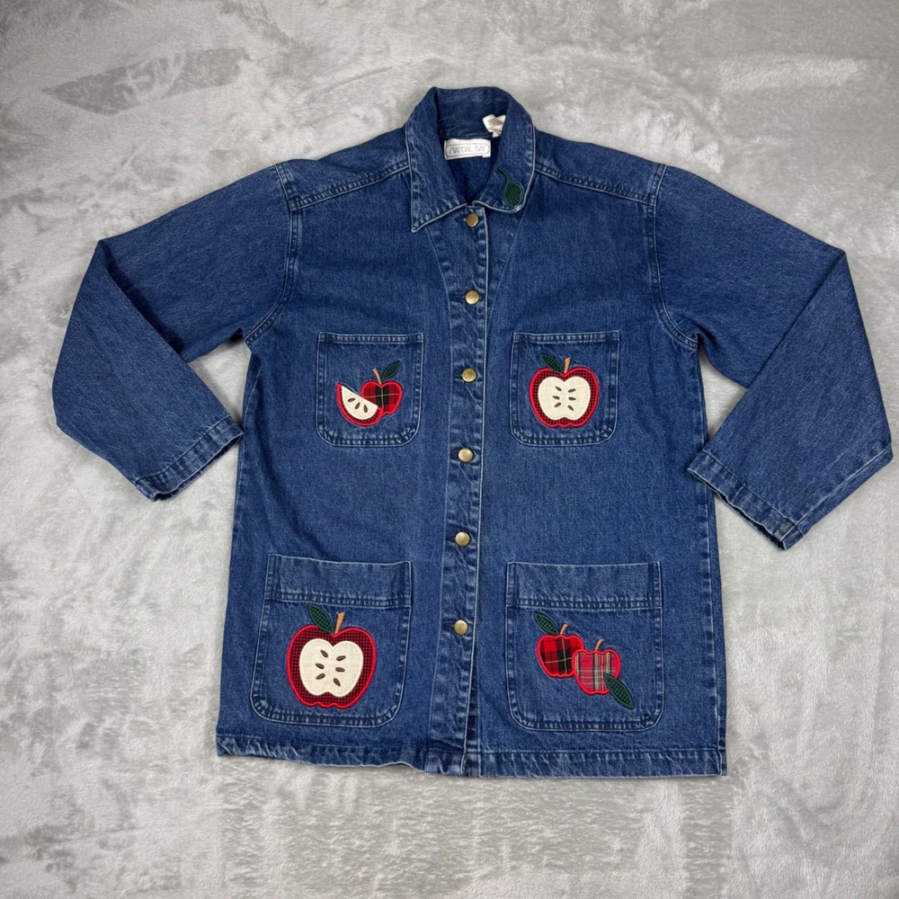 Vintage Mandal Bay Denim Chore Jacket  M Apple Applique Plaid 90s Cottagecore